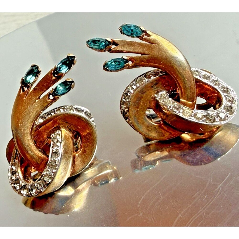 Vintage 1940s Mazer Two Tone Ribbon Earrings Turquoise Glass Rhinestone Clip-Ons